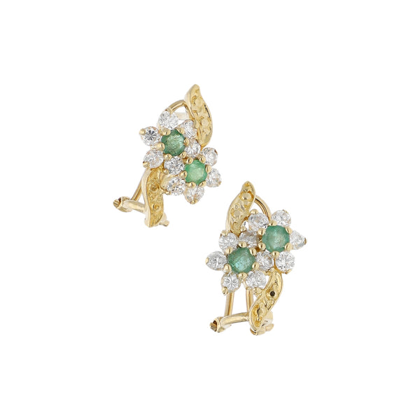 Aretes diseño especial motivo flor con esmeraldas y circonias en oro amarillo 14 kilates.