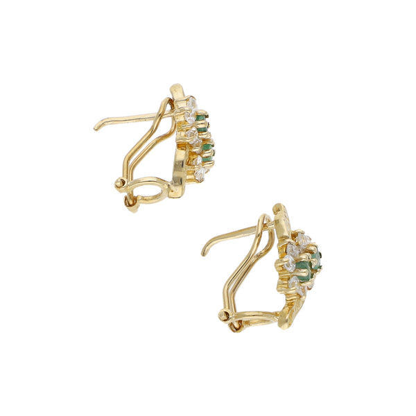 Aretes diseño especial motivo flor con esmeraldas y circonias en oro amarillo 14 kilates.