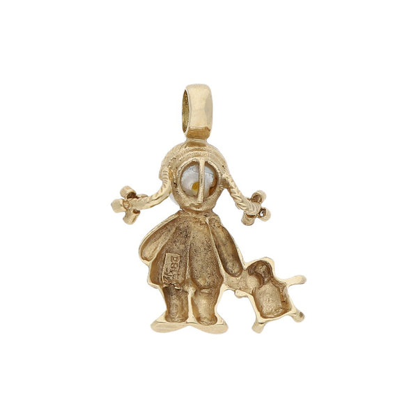 Dije diseño especial motivo niña con sintéticos en oro amarillo 14 kilates.