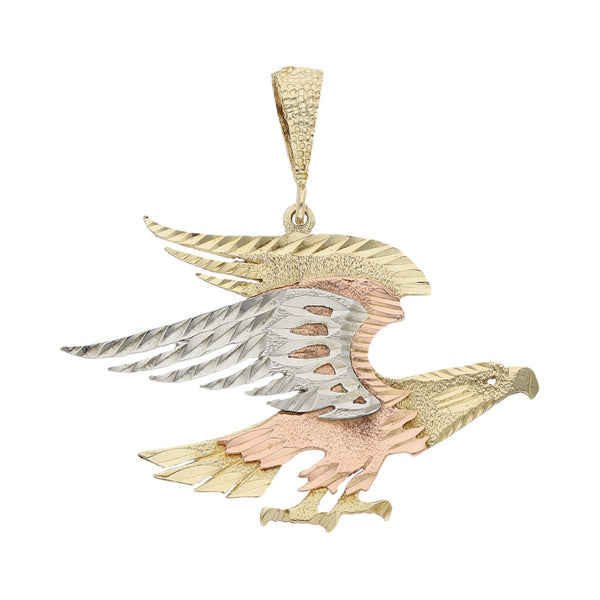 Dije diseño especial motivo águila en oro tres tonos 14 kilates.