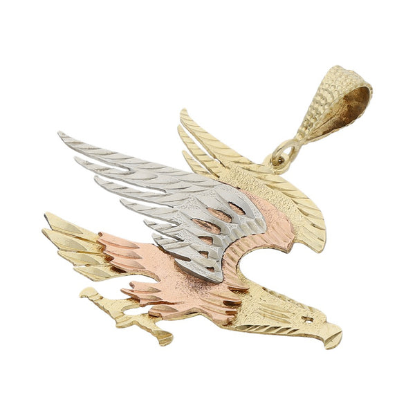 Dije diseño especial motivo águila en oro tres tonos 14 kilates.