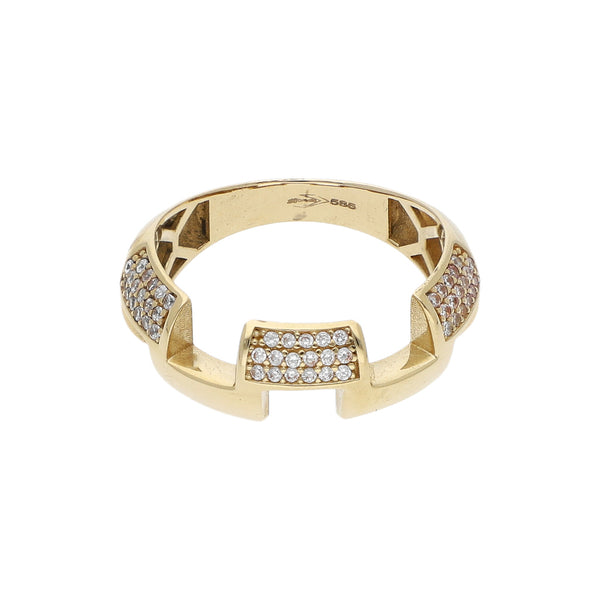 Anillo estilizado con sintéticos en oro amarillo 14 kilates.