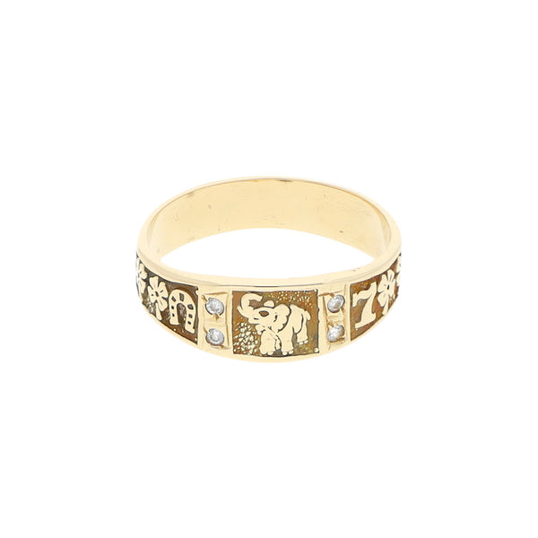 Anillo diseño especial con circonias motivo de la suerte en oro amarillo 14 kilates.