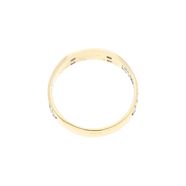 Anillo diseño especial con circonias motivo de la suerte en oro amarillo 14 kilates.