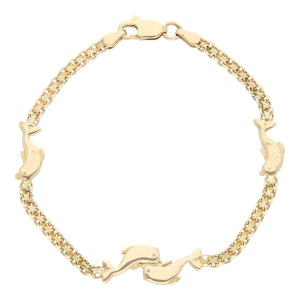 Pulsera eslabón tejido con aplicaciones motivo delfín en oro amarillo 14 kilates.