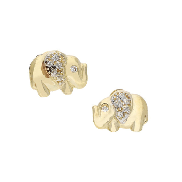 Broqueles diseño especial con circonias motivo elefante en oro amarillo 14 kilates.
