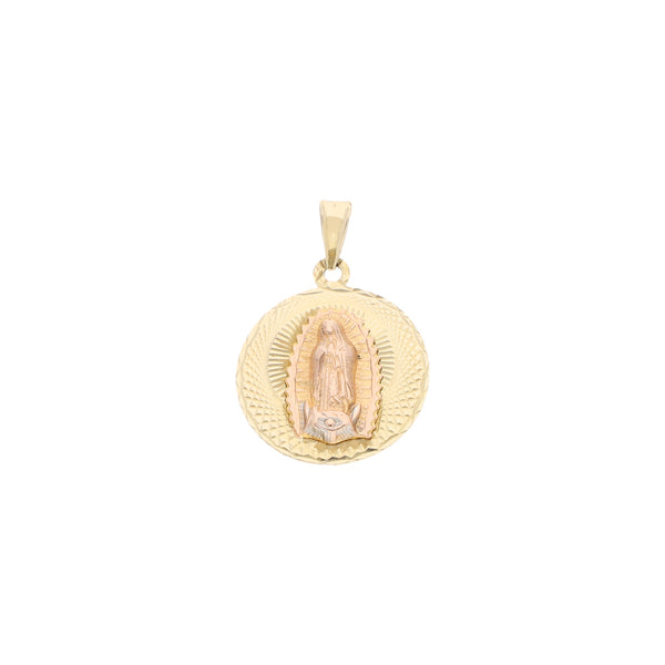 Medalla imagen doble motivo Virgen de Guadalupe y Cristo en oro amarillo 14 kilates.