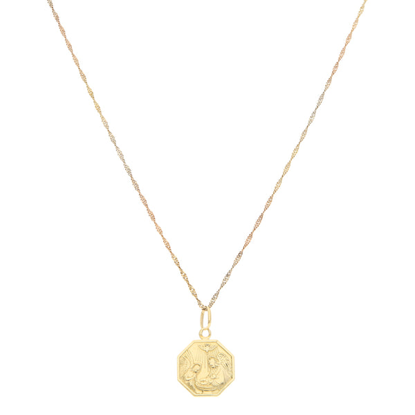 Collar eslabón torzal y medalla motivo bautismo en oro tres tonos 14 kilates.