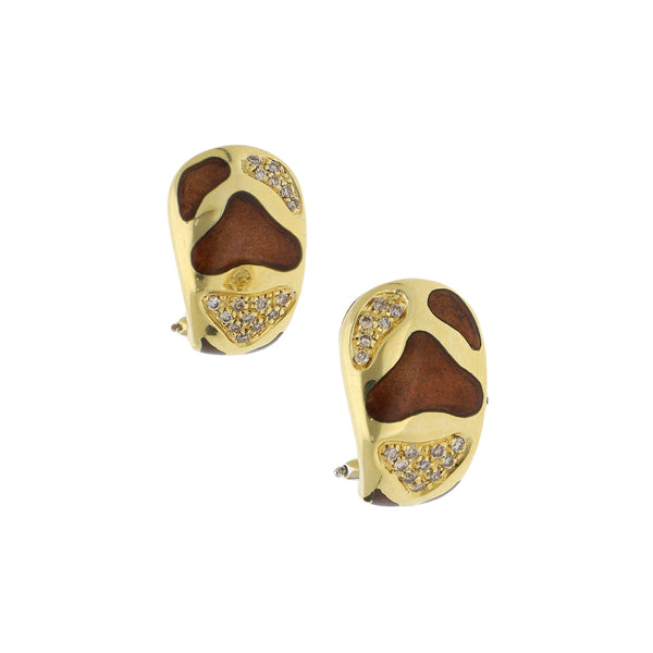 Aretes diseño especial con diamantes y esmalte en oro amarillo 18 kilates.
