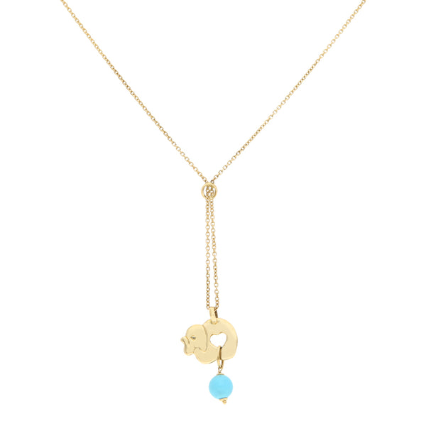 Collar eslabón cruzado con aplicación, colgante motivo elefante y sintético en oro amarillo 14 kilates.