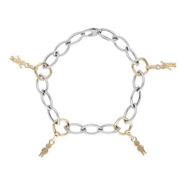 Pulsera eslabón hueco con colgantes motivo niños en oro dos tonos 14 kilates