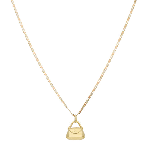 Collar eslabón nudo marino y dije hueco motivo bolso en oro tres tonos 14 kilates.