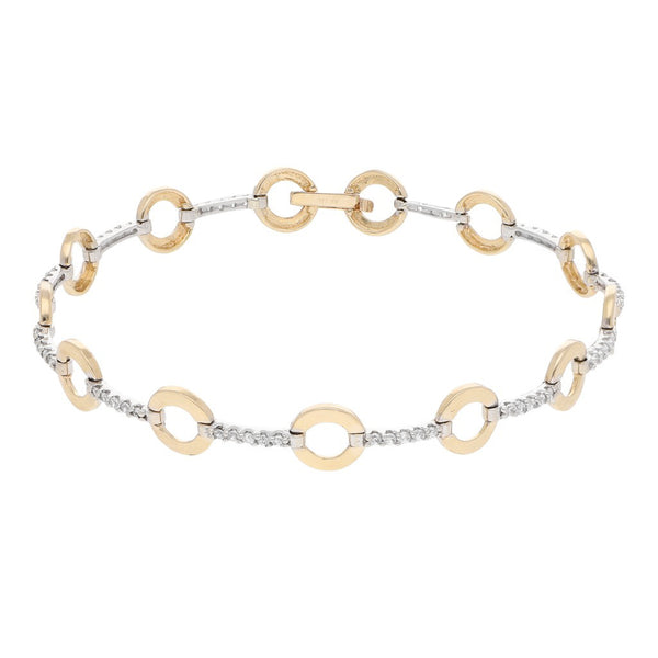 Pulsera eslabón articulado con sintéticos en oro dos tonos 14 kilates.