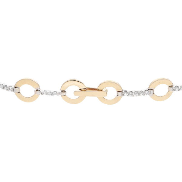 Pulsera eslabón articulado con sintéticos en oro dos tonos 14 kilates.