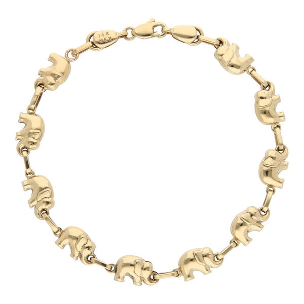 Pulsera eslabón combinado motivo elefante en oro amarillo 14 kilates.