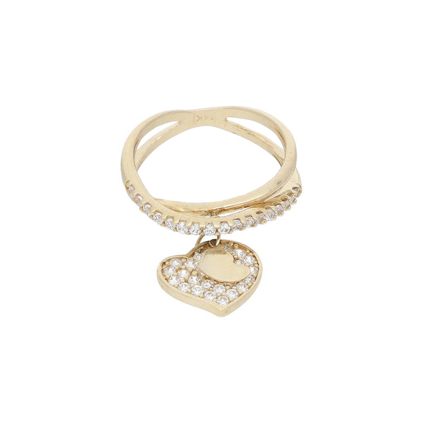 Anillo trenzado con circonias y colgantes motivo corazones en oro amarillo 14 kilates.