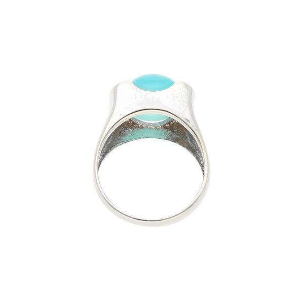 Anillo diseño especial con diamantes y sintético en oro blanco 14 kilates.