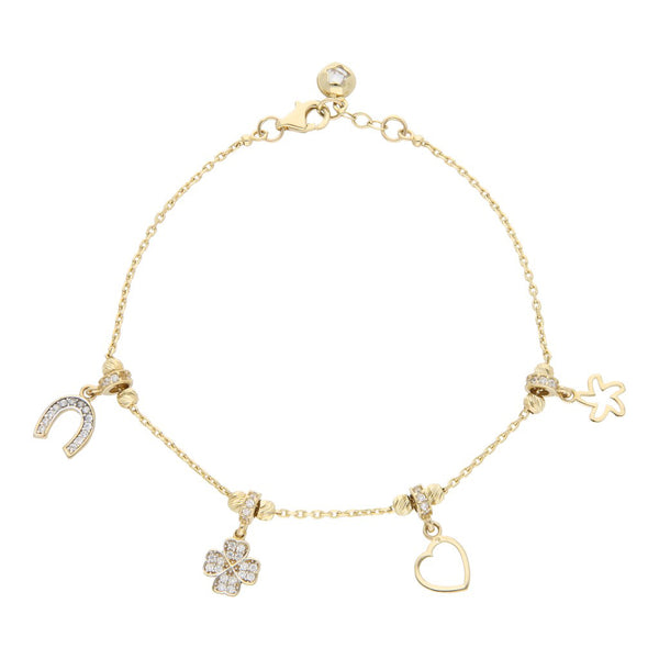 Pulsera eslabón cruzado con colgantes motivo figuras diversas y circonias en oro amarillo 14 kilates..