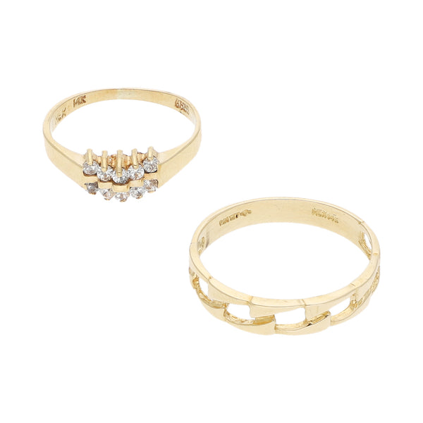Anillo diseño especial con sintéticos en oro amarillo 12 kilates y anillo calado en oro amarillo 14 kilates.