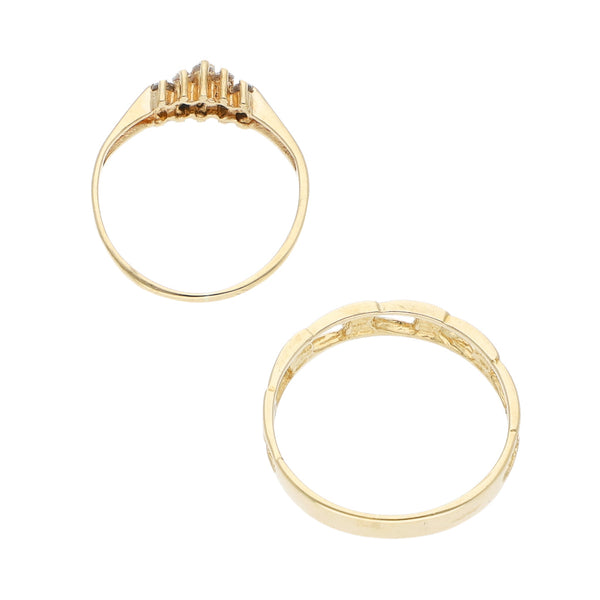 Anillo diseño especial con sintéticos en oro amarillo 12 kilates y anillo calado en oro amarillo 14 kilates.