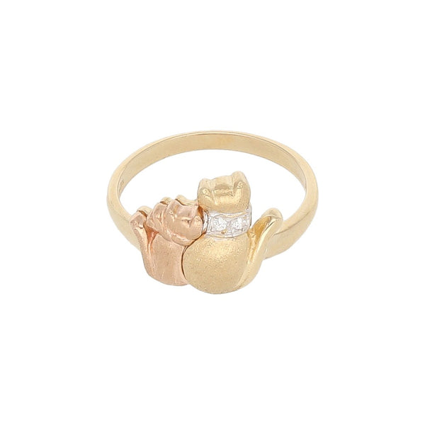 Anillo diseño especial con circonias motivo gatos en oro dos tonos 14 kilates.