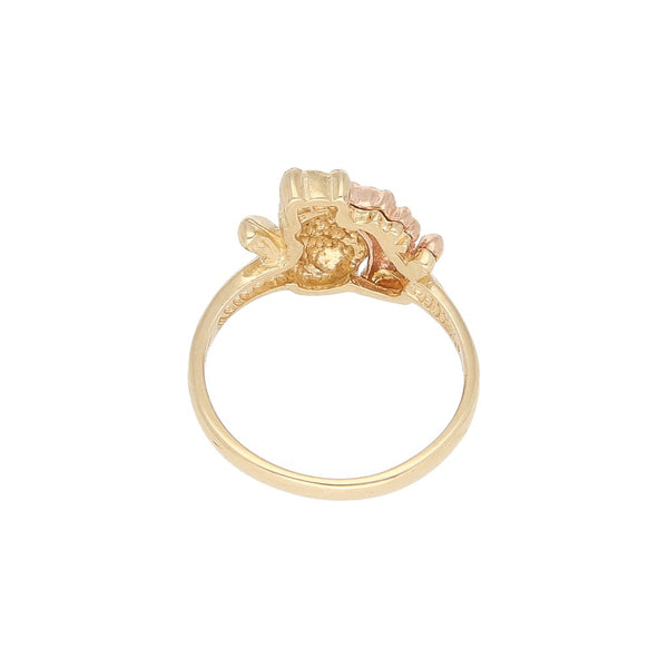 Anillo diseño especial con circonias motivo gatos en oro dos tonos 14 kilates.