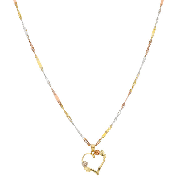 Collar eslabón torzal y dije diseño especial motivo corazón en oro tres tonos 12 kilates.