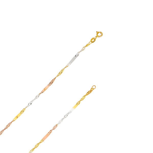 Collar eslabón torzal y dije diseño especial motivo corazón en oro tres tonos 12 kilates.