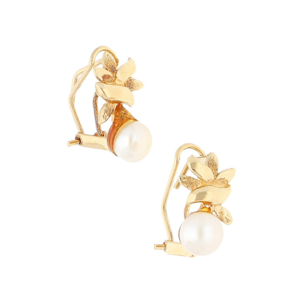 Aretes diseño especial con perla en oro amarillo 14 kilates.