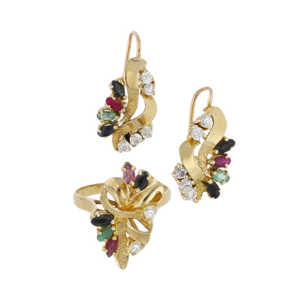 Juego de anillo y aretes diseño especial con sintéticos en oro amarillo 14 kilates.