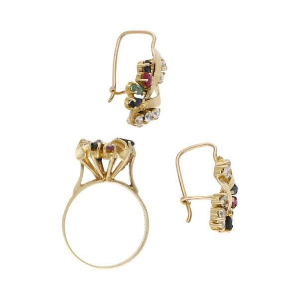 Juego de anillo y aretes diseño especial con sintéticos en oro amarillo 14 kilates.