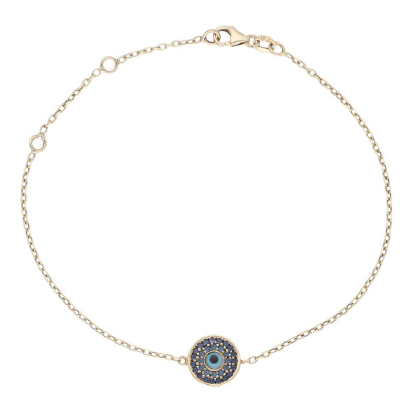 Pulsera eslabón cruzado con aplicación y sintéticos motivo ojo turco en oro amarillo 14 kilates.