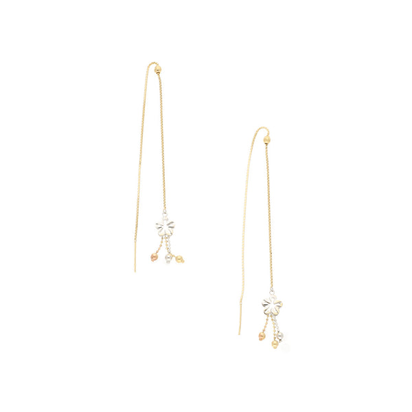 Aretes diseño especial con aplicaciones y colgantes motivo flor en oro tres tonos 14 kilates.