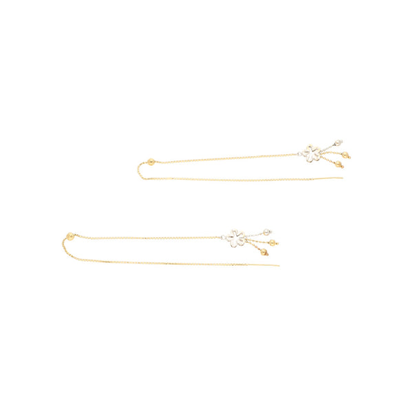 Aretes diseño especial con aplicaciones y colgantes motivo flor en oro tres tonos 14 kilates.