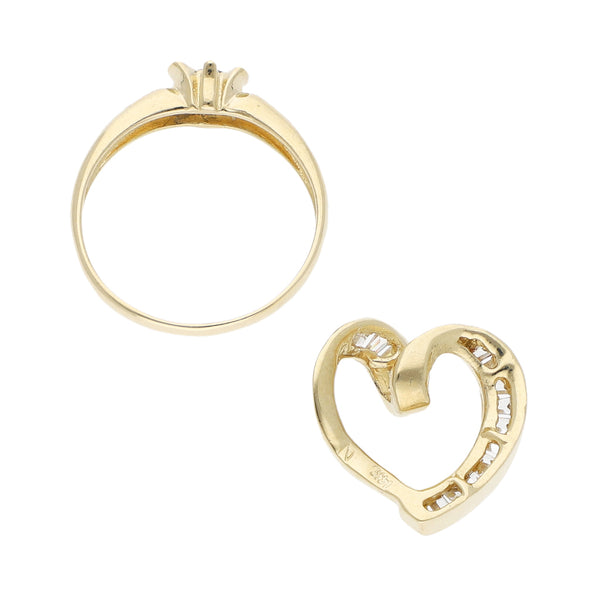 Anillo y dije diseño especial motivo corazón con circonias en oro amarillo 14 kilates.