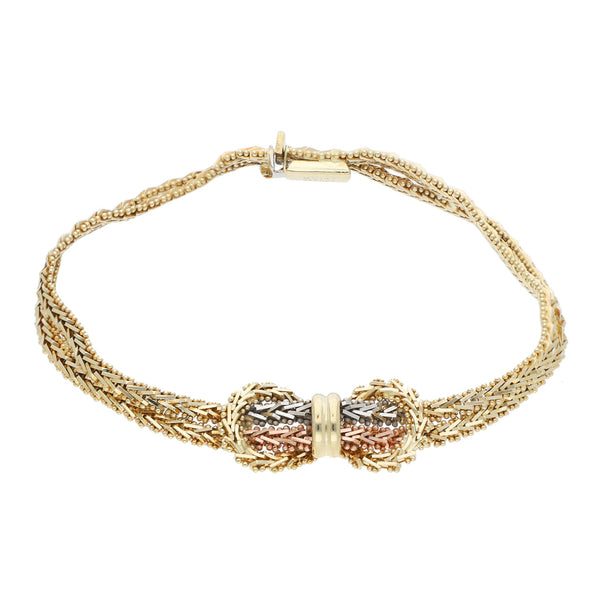 Pulsera eslabón boleado en oro tres tonos 14 kilates.