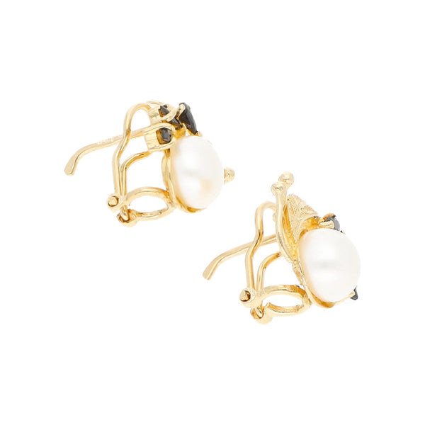 Aretes diseño especial con perlas y sintéticos en oro amarillo 14 kilates.