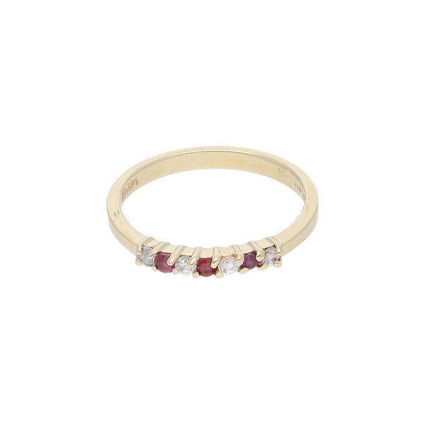 Anillo diseño especial con rubíes y circonias en oro amarillo 14 kilates.