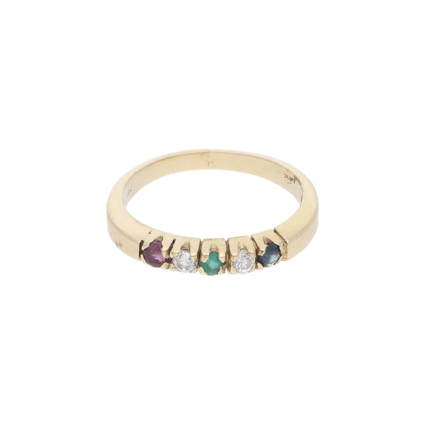 Anillo diseño especial con sintéticos en oro amarillo 14 kilates.