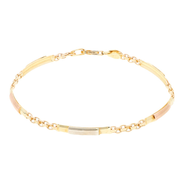 Pulsera eslabón combinado en oro tres tonos 14 kilates.