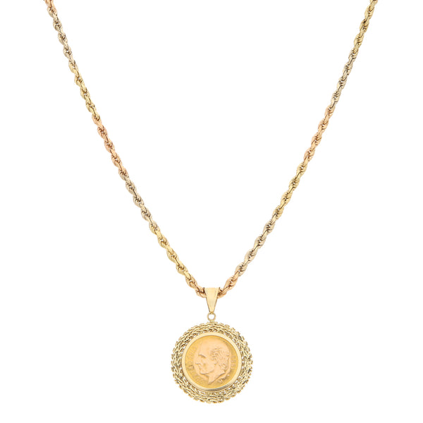 Collar eslabón torzal y dije boleado con moneda de cinco pesos oro mexicano 21.6 kilates en oro tres tonos 14 kilates.