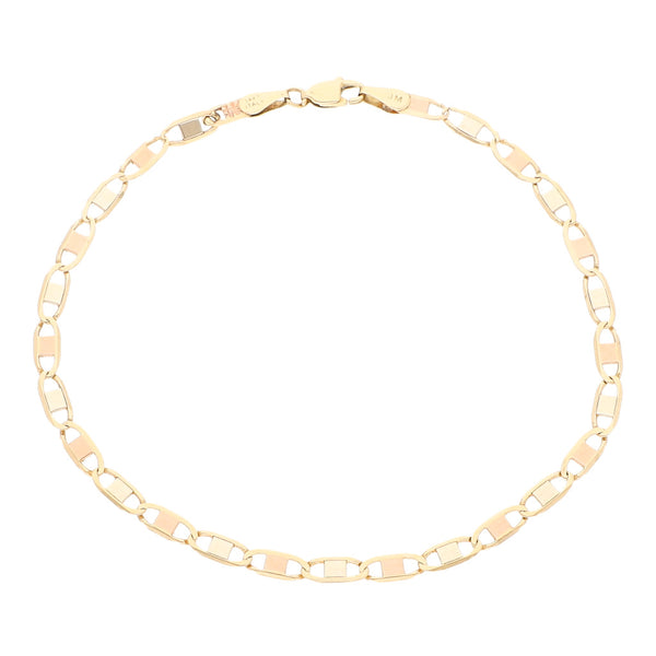 Pulsera eslabón nudo marino en oro tres tonos 14 kilates.