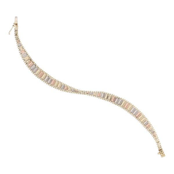 Pulsera eslabón boleado en oro tres tonos 14 kilates.
