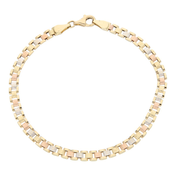 Pulsera eslabón articulado en oro tres tonos 14 kilates.