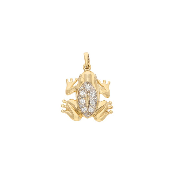 Dije diseño especial con sinteticos motivo rana en oro amarillo 14 kilates.