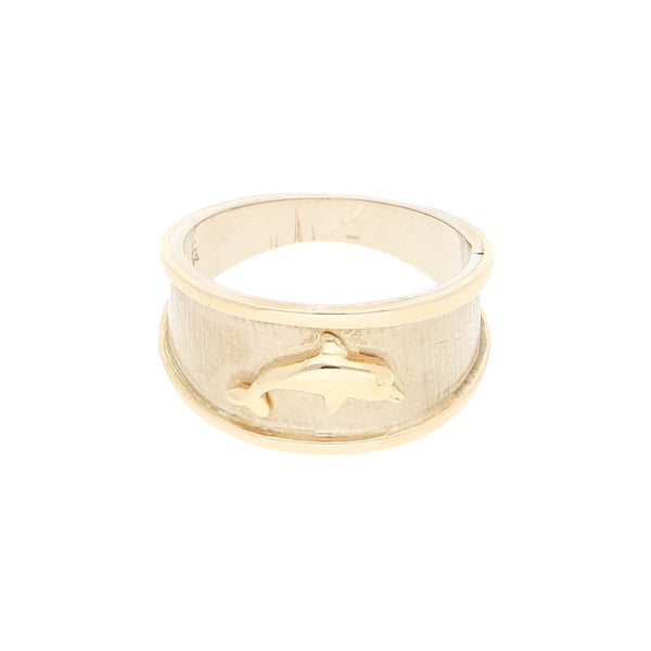 Anillo satinado motivo delfín en oro amarillo 14 kilates.