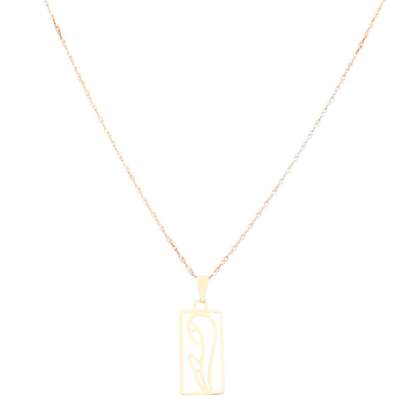 Collar eslabón torzal y medalla calada motivo virgen en oro tres tonos 14 kilates.
