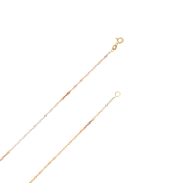Collar eslabón torzal y medalla calada motivo virgen en oro tres tonos 14 kilates.