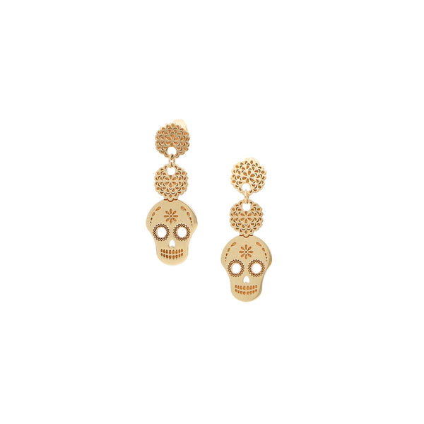Broqueles diseño especial con colgantes motivo calavera en oro amarillo 14 kilates.