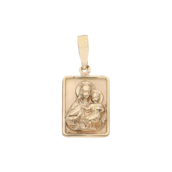 Medalla diseño especial motivo virgen con niño en oro amarillo 14 kilates.